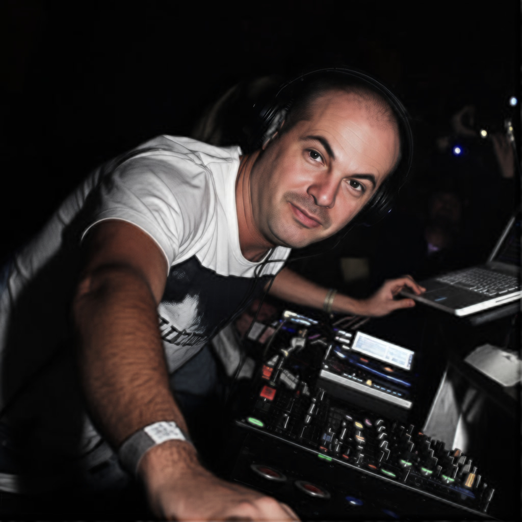 Marco Mei performs at a club with headphones on, representing his long-running work across House, Techno and underground electronic music.