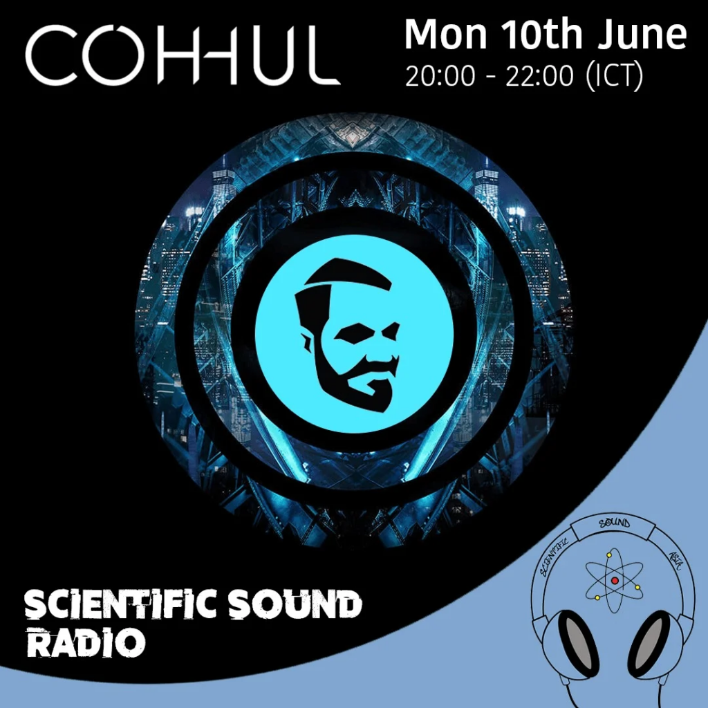 Artwork for Coh-hul’s guest mix on Scientific Sound Radio, showing a black, blue and white circular design with broadcast details for Monday 10 June.