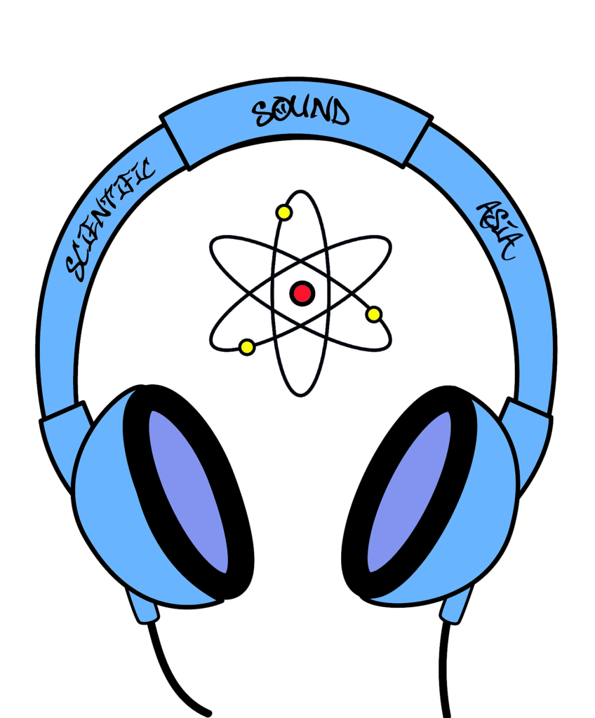 Old Scientific Sound Asia logo featuring blue headphones, an atom symbol and text around the headband.