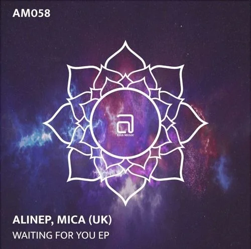 Cover artwork for Alinep and Mica’s Waiting For You EP on Asia Music, featuring a white lotus-style graphic over a purple cosmic background.