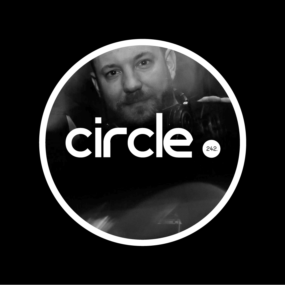 Black-and-white Circle 242 cover artwork featuring guest DJ Jonny Burg inside a large white outlined circle, with the word “circle.” across the image and “242.” inside a small white dot.