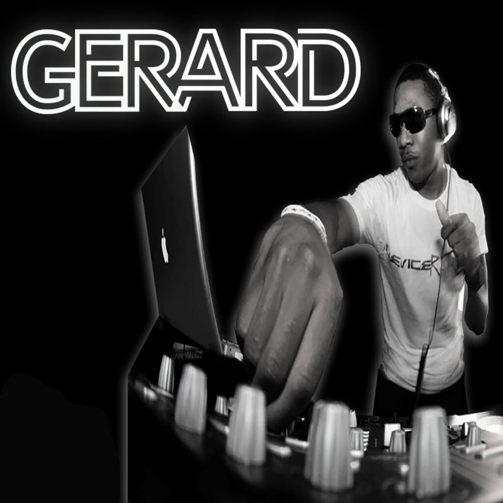 Black-and-white image of DJ Gerard wearing sunglasses and headphones while adjusting a mixer beside a laptop, with his name displayed above.