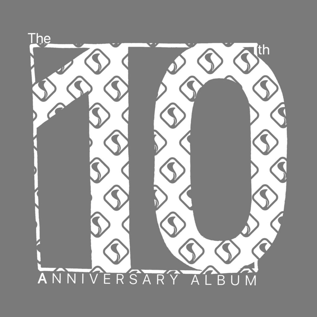 Grey and white album cover featuring a large patterned number 10, repeated Green Snake Records logos, and the text “The 10th Anniversary Album”.