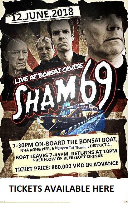 Promotional poster for Sham 69 live concert on June 12, 2018, aboard the Bonsai Cruise in Ho Chi Minh City, featuring collage-style band member portraits, bold text with event details, boat photo, and ticket information including free flow of drinks and advance price of 880,000 VND.