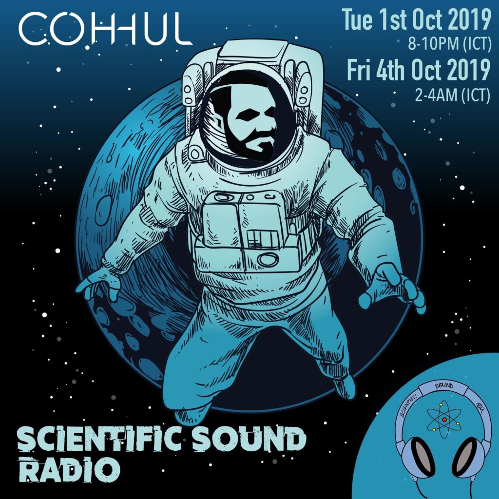 Irish DJ and producer coh-hul flying through space in a cartoon depiction of himself, colour image.
