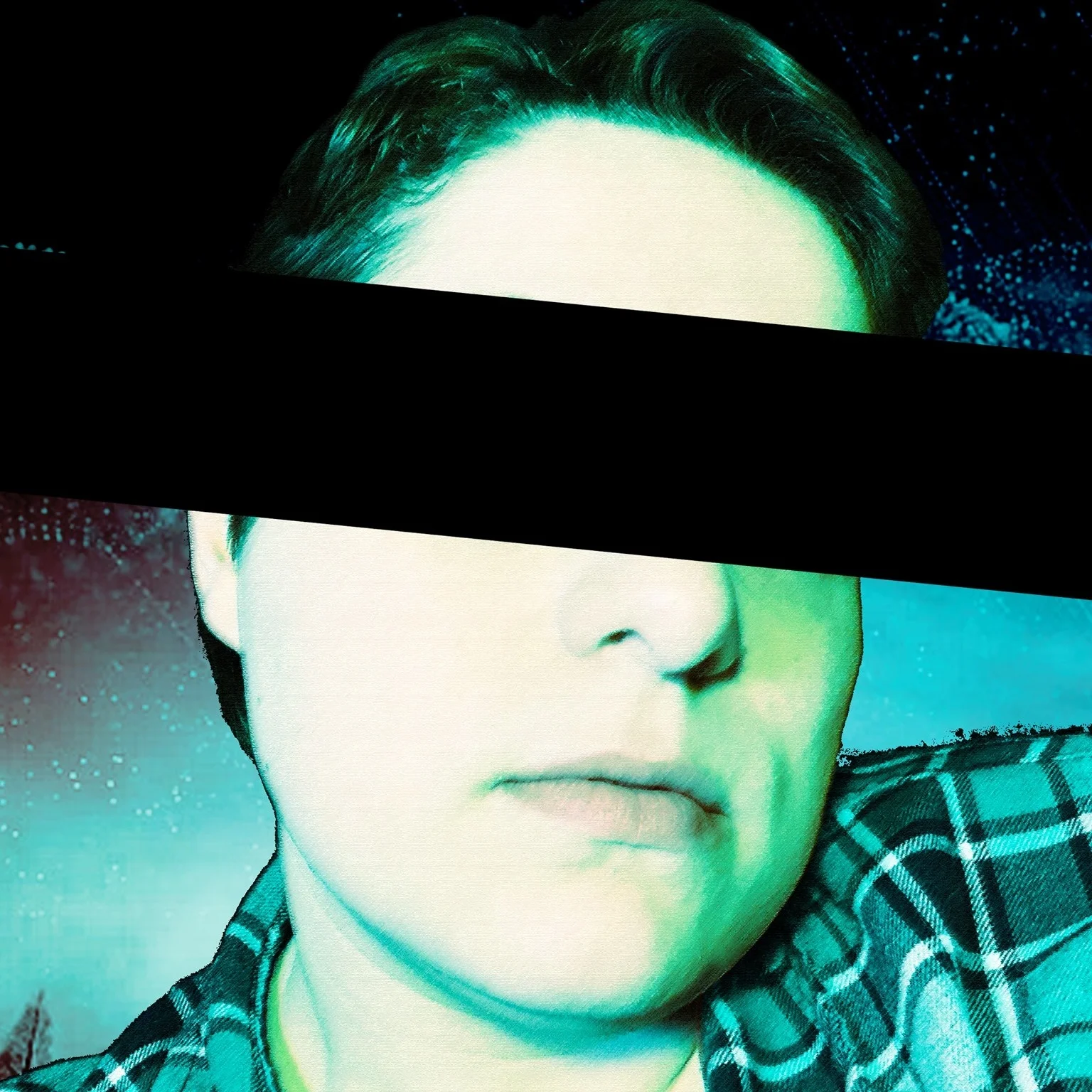 American DJ and Producer Rah looking at camera with a banner covering her eyes, colour image..