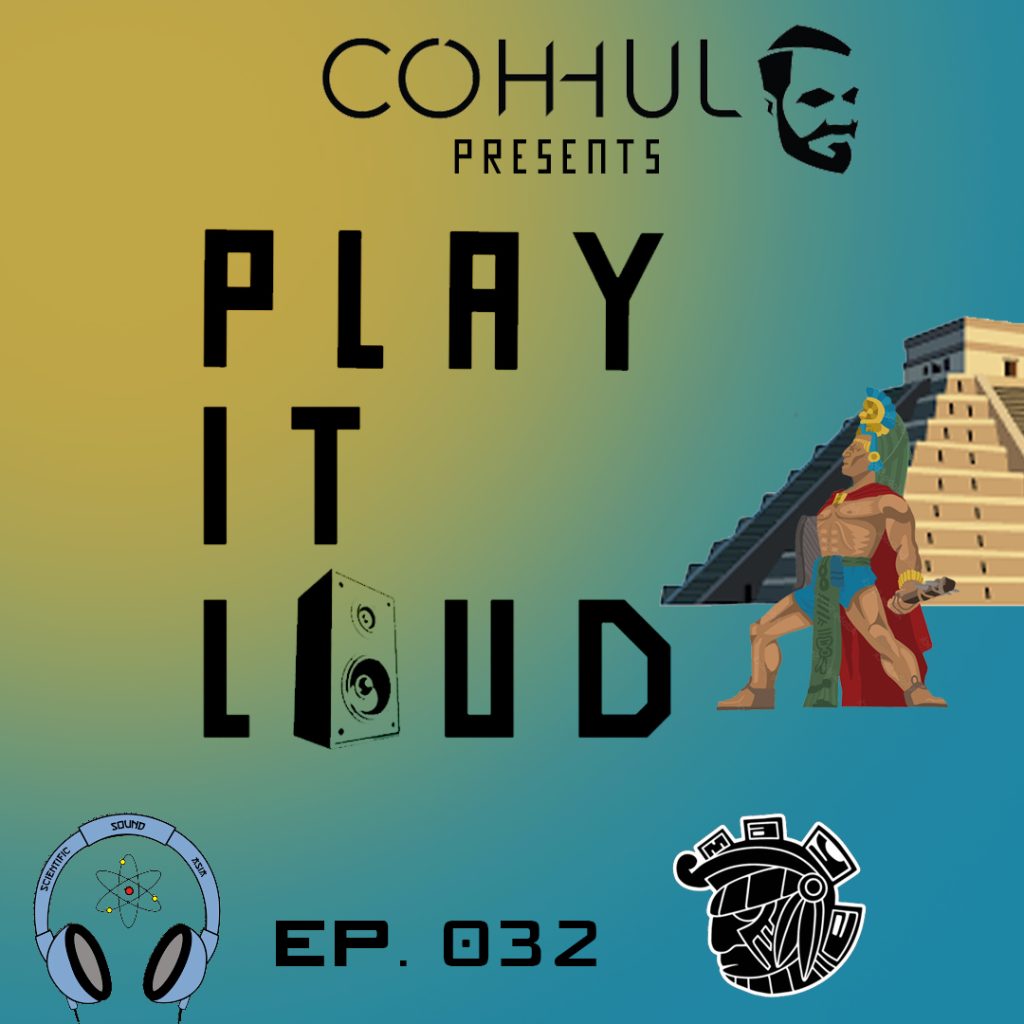 Irish DJ and producer Coh-hul's Play It Loud 32 logo featurings his, our and Maya Recordings logos on a coloured background.