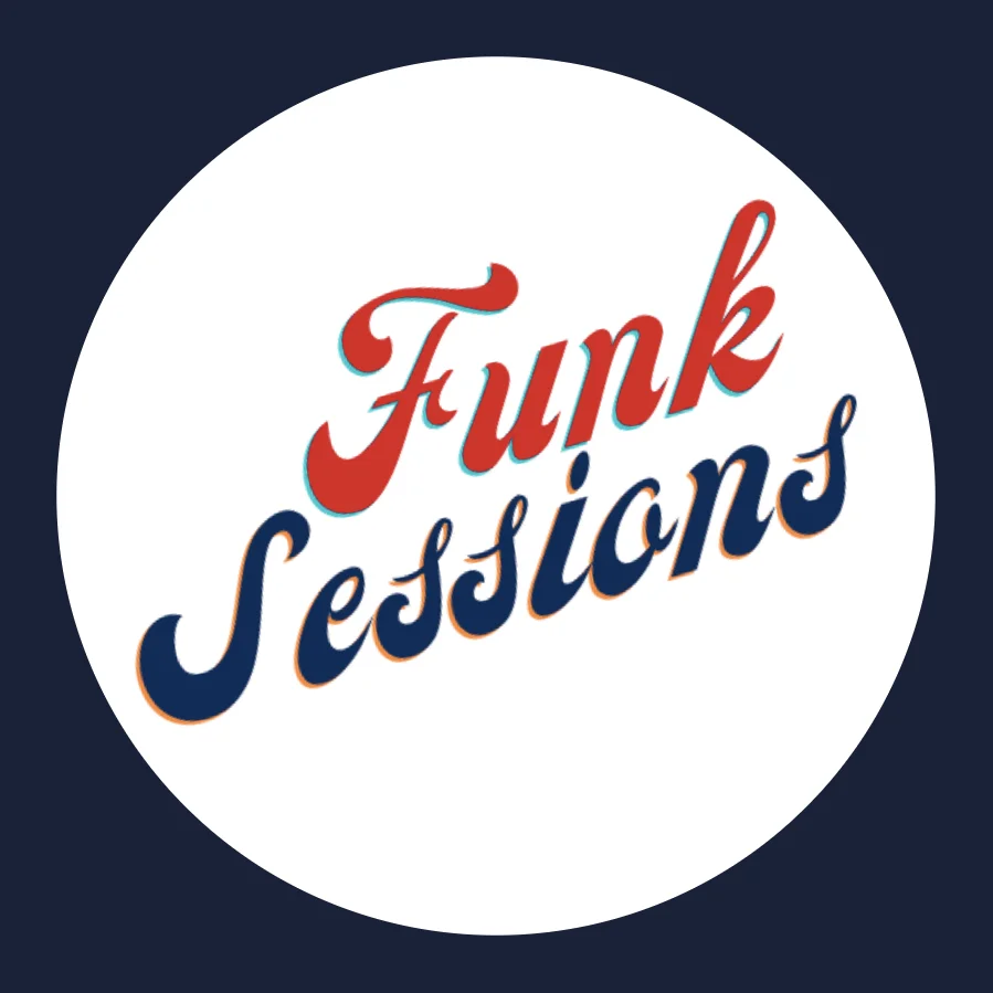 Funk sessions logo in white, blue and red.