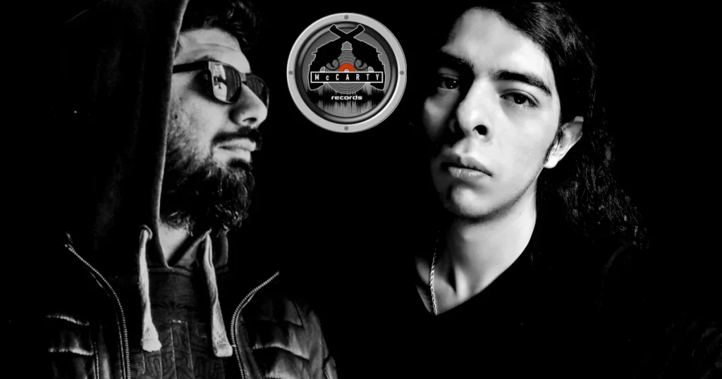 Black-and-white promotional image for McCarty Shoot featuring guest DJs Concat on the left and Danz Maxine on the right, with the McCarty Records logo positioned between them against a dark background.