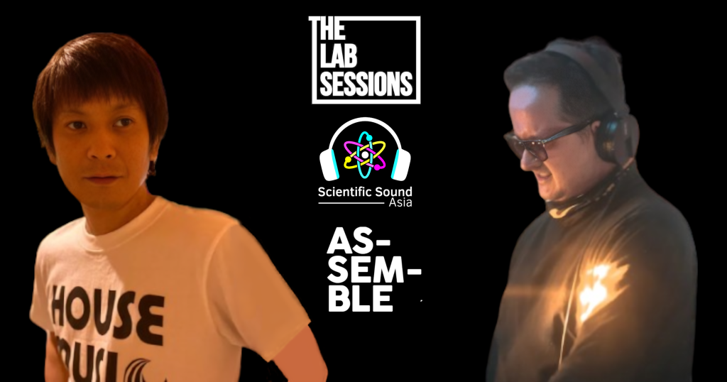 Guest DJs Takamasa Owaki and DJ Bustamante with our and their logos featured in the middle for The Lab Sessions, hosts of the Assemble radio programme.