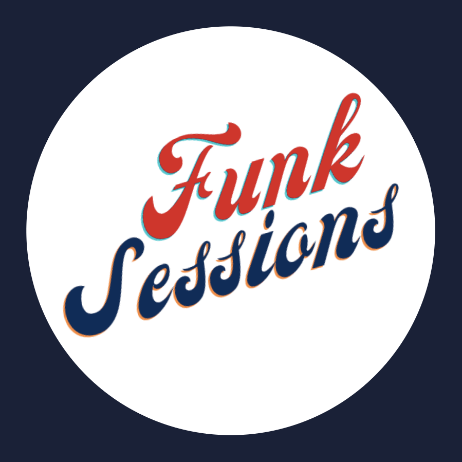 Stylized Funk Sessions text in red and navy inside a white circle on a dark blue background.