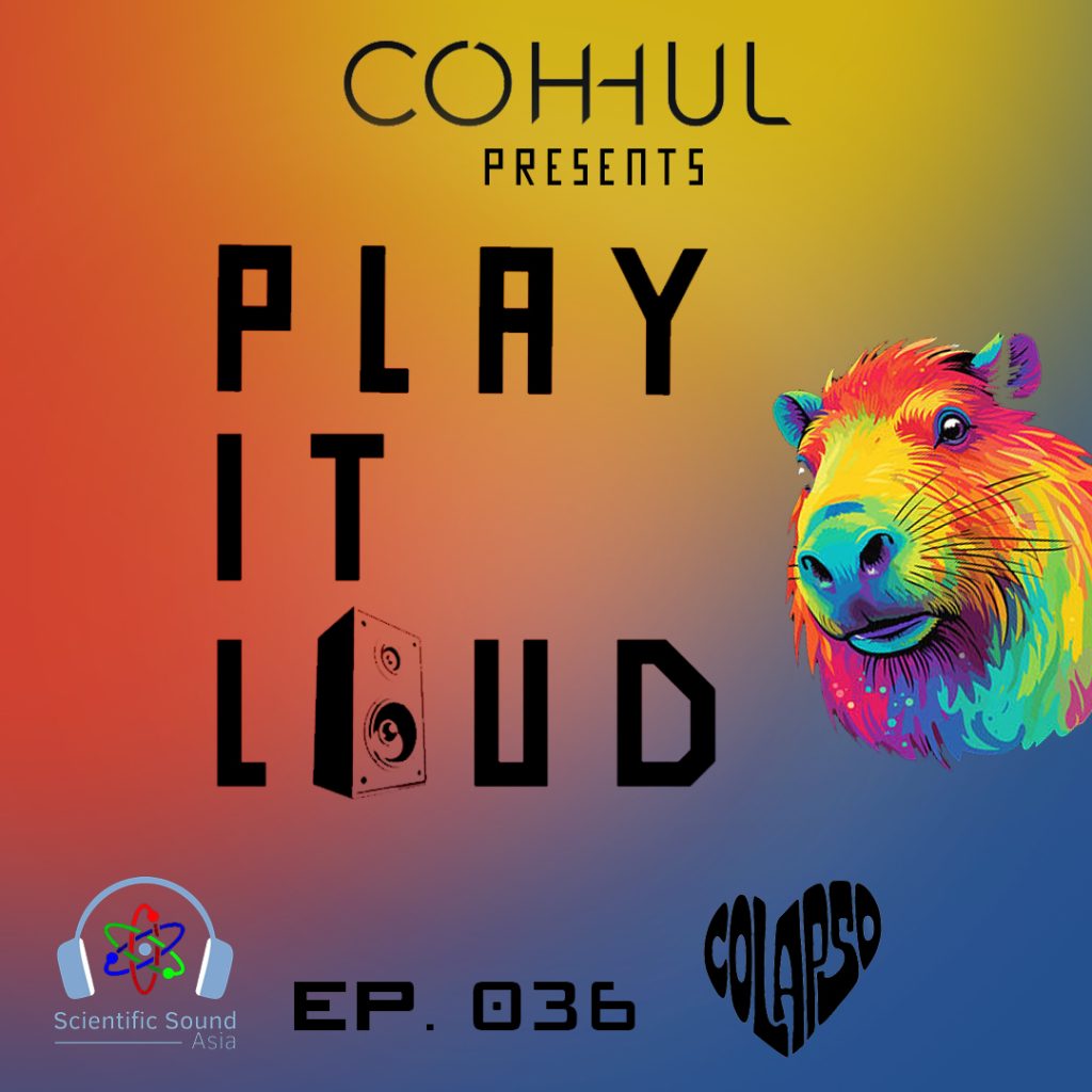 Irish DJ and Producer Coh-hul Play It Loud 36 Logo featuring ours and his logo against a blue and orange background with Colapso Records logo and cartoon Capybara, colour image.
