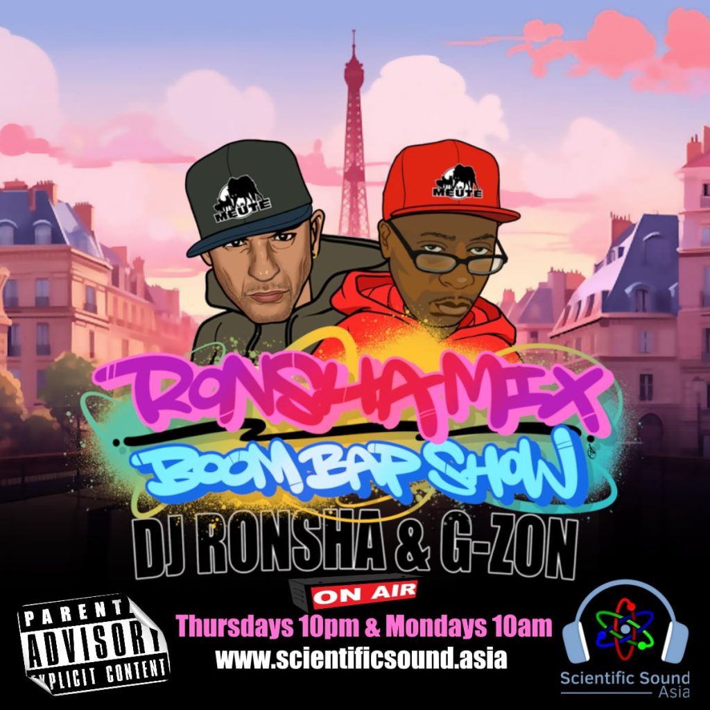 Cartoon image of DJ Ronsha & G-Zon in front of the Eiffell Tower in Paris with graffiti writing and our logo and parental advisory logo, colour image.
