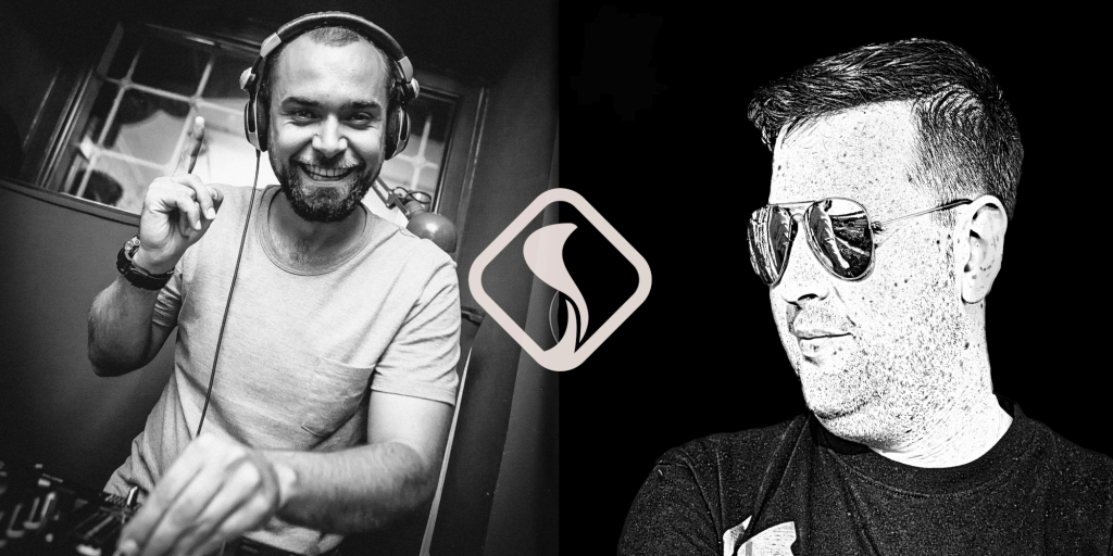 Russian and Ukranian DJs and Producers Samotarev and Following Light in two pictures side by side with Green Snake Records logo in middle.