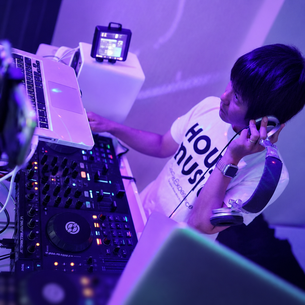 Japanese DJ Takamasa Owaki performs at a compact DJ setup with laptop and mixer under purple lighting, representing his House, Nu-Disco and Tech House sound.