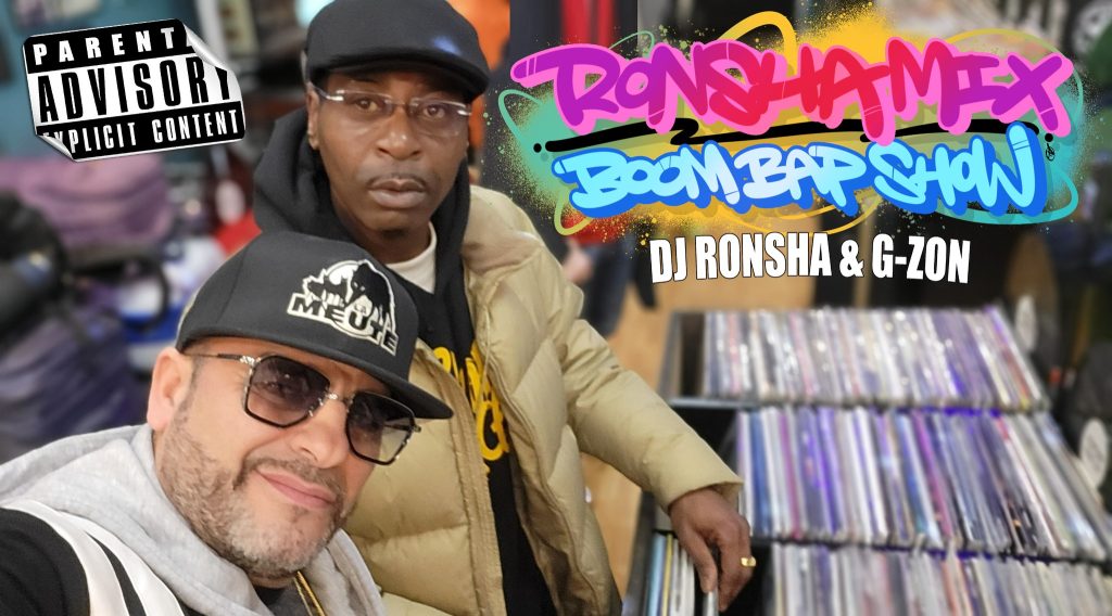 DJ Ronsha & G-Zon in a record shop in Paris, France with their logo and parental advisory logo, colour image.