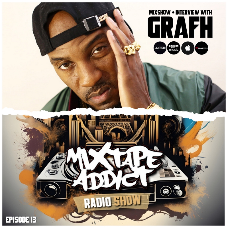 American producer and rapper Grafh in the upper part of the picture with the Mixtape addict logo below holding his left hand to his face, colour image.