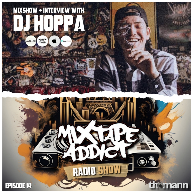 DJ King Flow Mixtape Addict logo and banner with DJ Hoppa in the upper part smoking and Mixtape Addict logos below, colour image.