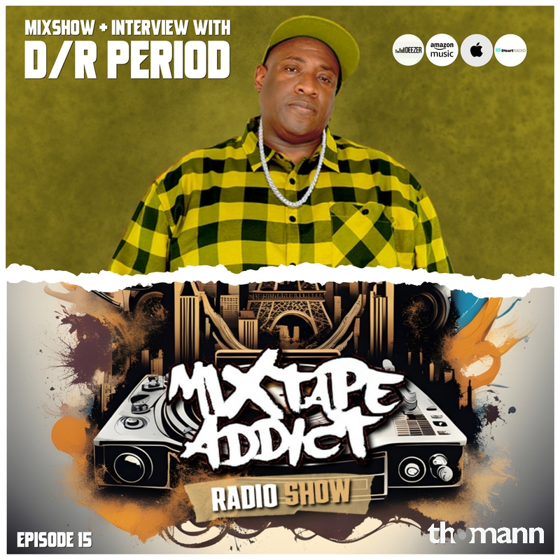 DJ King Flow Mixtape Addict logo and banner with D/R Period in the upper part and Mixtape Addict logos below, colour image.