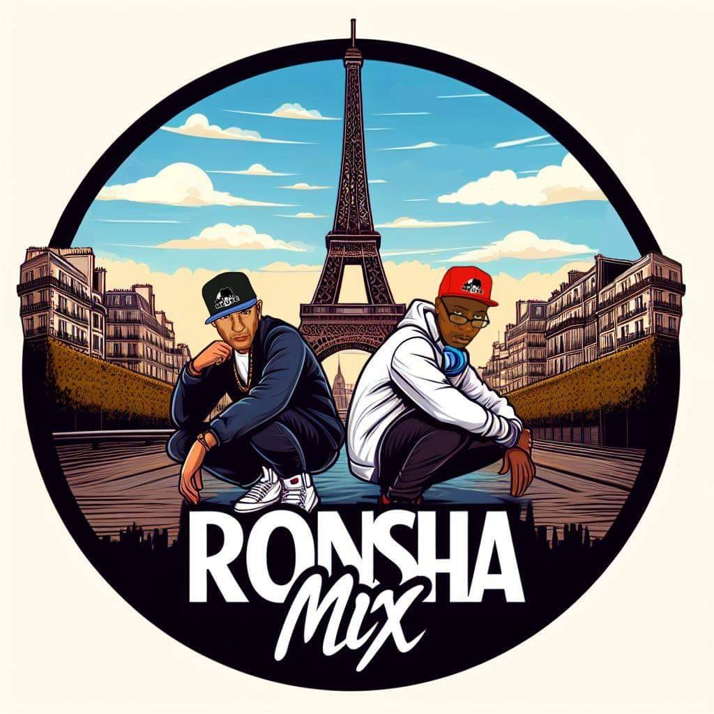 DJ Ronsha & G-Zon cartoon characters in front of the Eiffel Tower Paris, France, colour image.