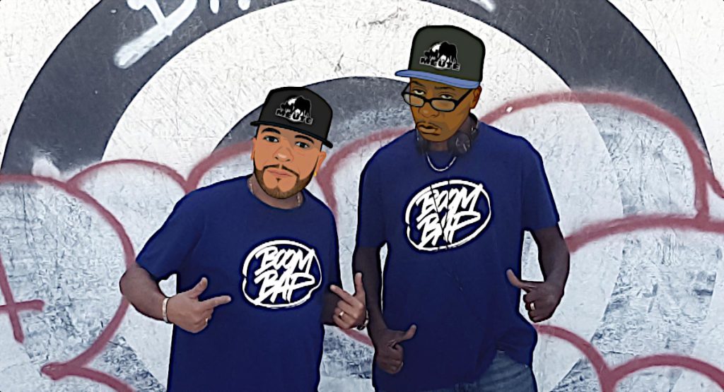 DJ Ronsha & G-Zon cartoon character heads on an actual photo of them in front of a graffiti wall in Paris, France, colour image.