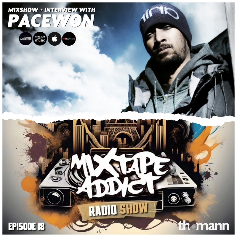 French DJ and Producer DJ King Flow Mixtape Addict 16 cover featuring his logos and American Hip Hop artist Pacewon in the upper half, colour image.