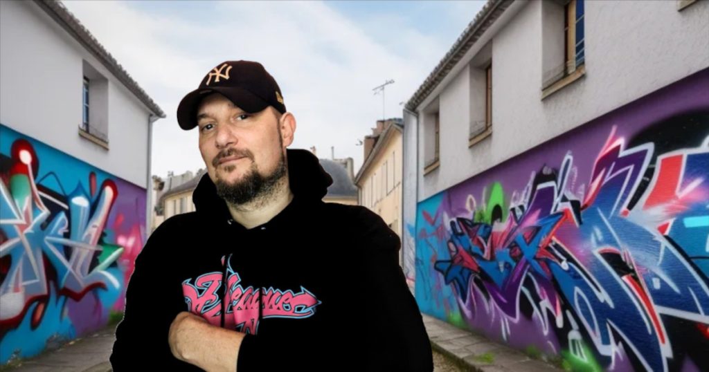 French DJ Phoenixx standing in a street in France with both walls covered in Graffiti, colour image.
