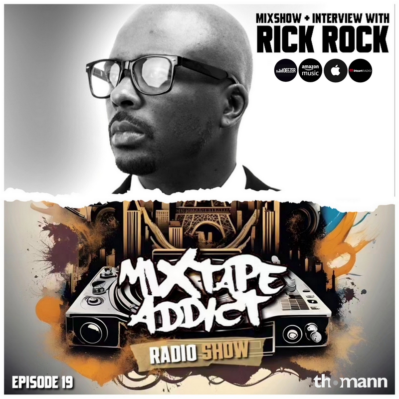 French DJ and Producer DJ King Flow Mixtape Addict 16 cover featuring his logos and American Hip Hop producer Rick Rock in the upper half, colour image at bottom and black and white at the top.