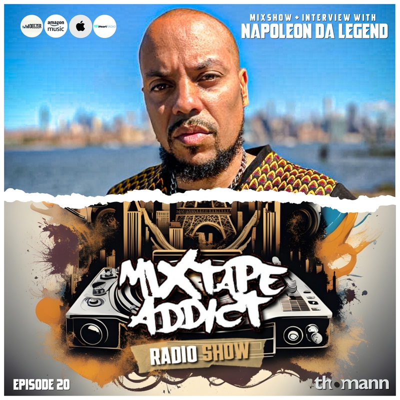 French DJ and Producer DJ King Flow Mixtape Addict 20 cover featuring his logos and American and French Hip Hop Rapper and producer Napoleon Da Legend in the upper half, colour image at bottom and at the top.