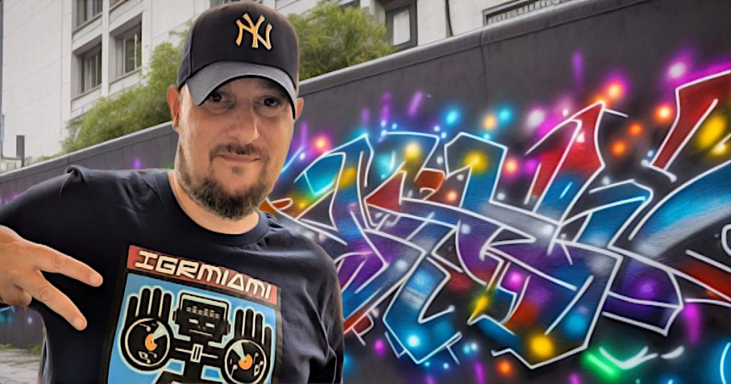 French DJ and Videographer DJ Phoenixx standing next to Graffiti wall with his right hand raised in a two fingered gun salute wearing a Baseball Cap and T shirt, colour image.