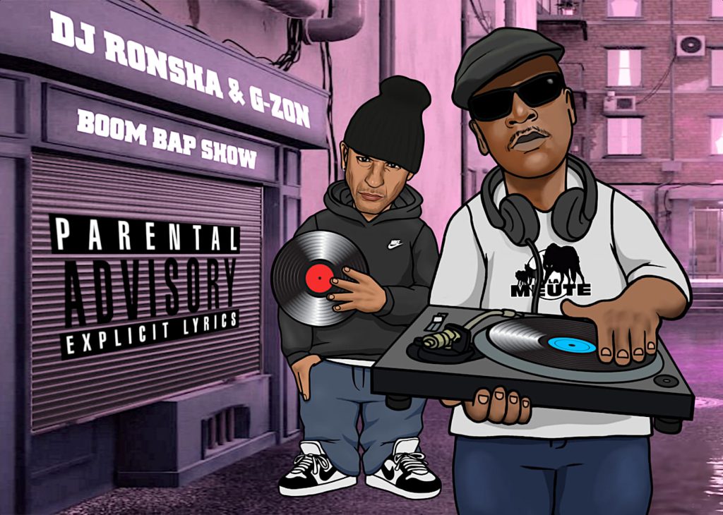 French DJs, Rappers and Producers DJ Ronsha and G-Zon Boom Bap Show Cartoon showing them outside a shop with parental advisory logo on the shutters, colour image.