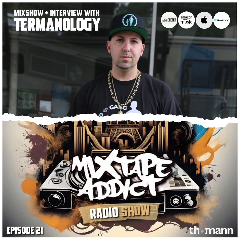 French DJ and Producer DJ King Flow Mixtape Addict 20 cover featuring his logos and American Hip Hop Rapper and producer Termanology in the upper half, colour image at bottom and at the top.