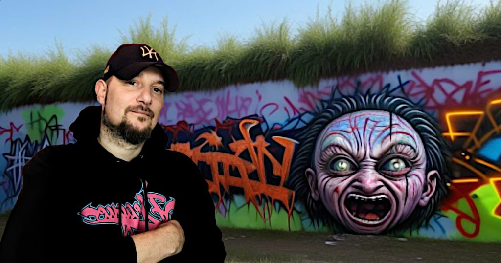 French DJ and Videographer DJ Phoenixx standing in front of a wall with Halloween Graffiti, colour image_