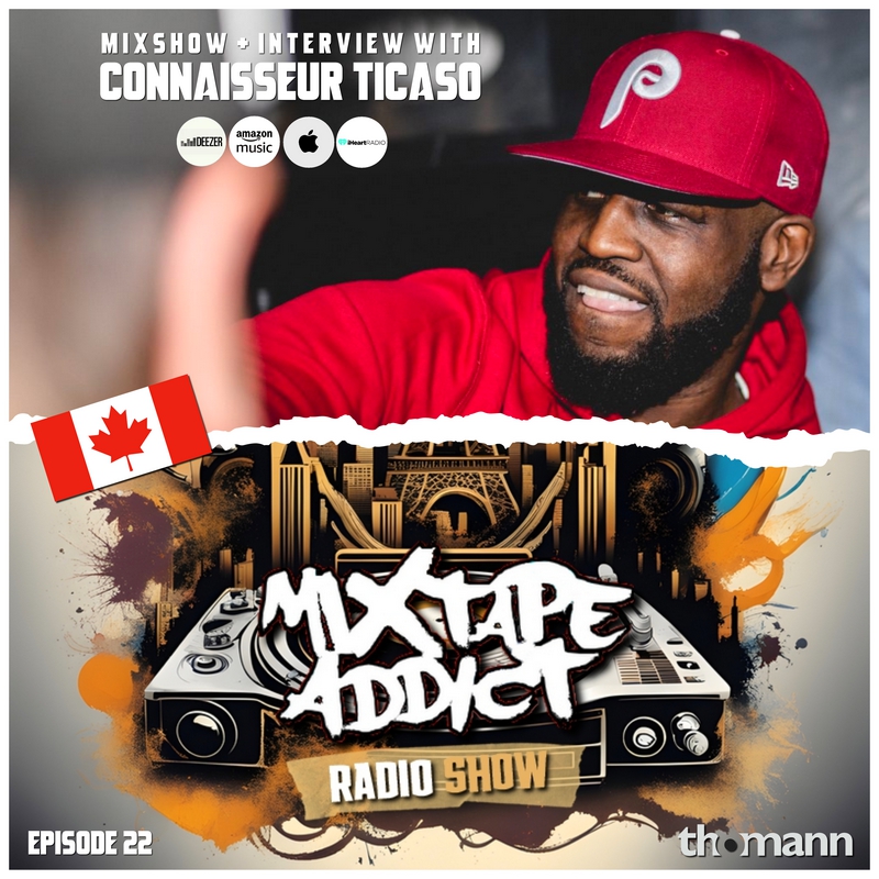 Canadian DJ and producer Connaisseur Ticaso in the Mixtape Addict Social Media and SEO image wearing a red baseball cap and hoodie and looking to his right with a Canadian flag at an angle to his right and DJ King flows logo for Mixtape addict below