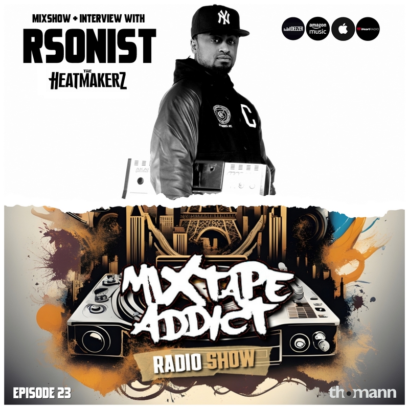 Jamaican hip-hop producer the Rsonist standing in upper part of picture holding a drum machine with a torn paper effect, below is Mixtape addict logo in colour and upper half is black and white image.
