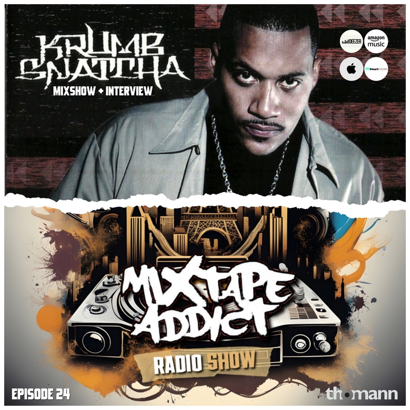 American hip-hop rapper the Krumbsnatcha standing in upper part of picture looking straight at camera with a torn paper effect, with DJ King Flows Mixtape Addict logo underneath, colour main cover image.