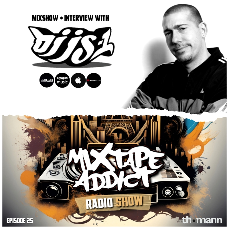 American hip-hop DJ and producer DJ JS-1 standing in upper part of picture looking straight at camera with a torn paper effect, with DJ King Flows Mixtape Addict logo underneath, colour main cover image.