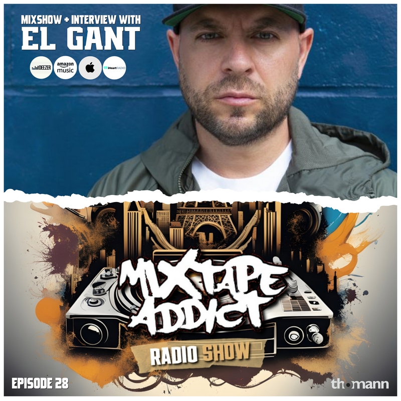 American hip-hop rapper and producer El Gant standing in upper part of picture looking to his front with a torn paper effect, with DJ King Flows Mixtape Addict logo underneath, colour main cover image.