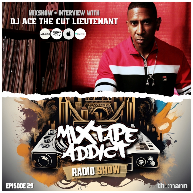 American hip-hop DJ and producer DJ Ace The Cut Lieutenant sitting in front of his record collection in the upper part of the picture looking to his front with a torn paper effect, with DJ King Flows Mixtape Addict logo underneath, colour main cover