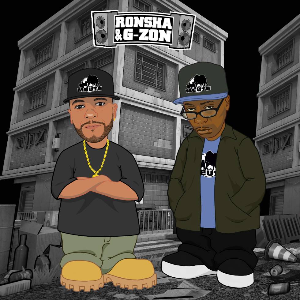 French DJs and producers G-Zon and Ronsha in a cartoon depiction of themselves standing in a derelict council estate in Paris, colour image.