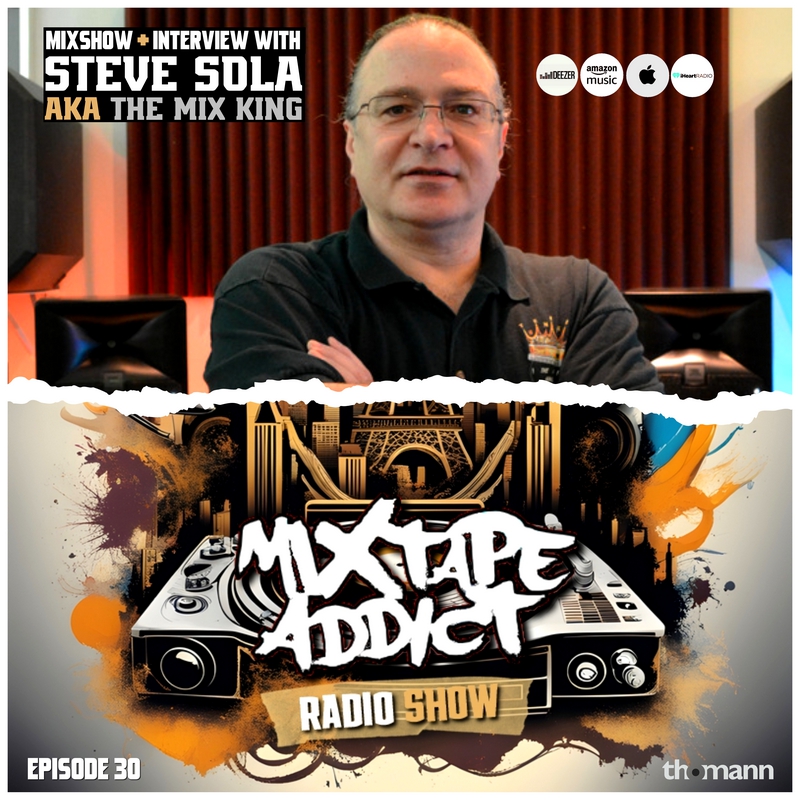 American hip-hopand R&B engineer and producer Steve Sola standing in his studio in the upper part of the picture looking to his front with a torn paper effect, with DJ King Flows Mixtape Addict logo underneath, colour main cover image.