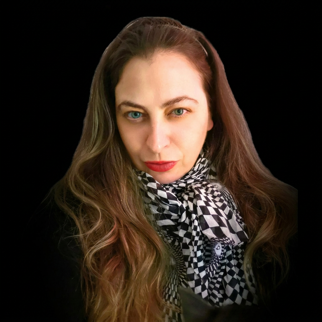 Portrait of Turkish DJ Ceyda against a dark background, with long hair and a patterned scarf, representing her Nu-Disco, Disco and Deep House sound.