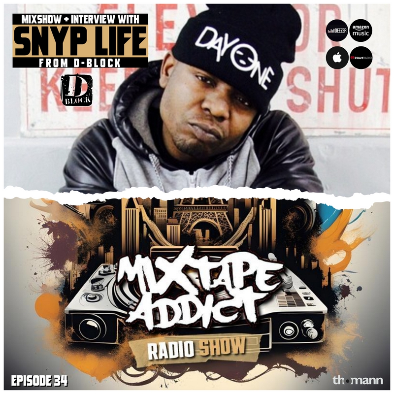 American hip-hop rapper and producer SNYP LIFE of D-Block in the upper part of the picture looking to his front wearing a puffy hat with a torn paper effect, with DJ King Flows Mixtape Addict logo underneath, colour main cover image.