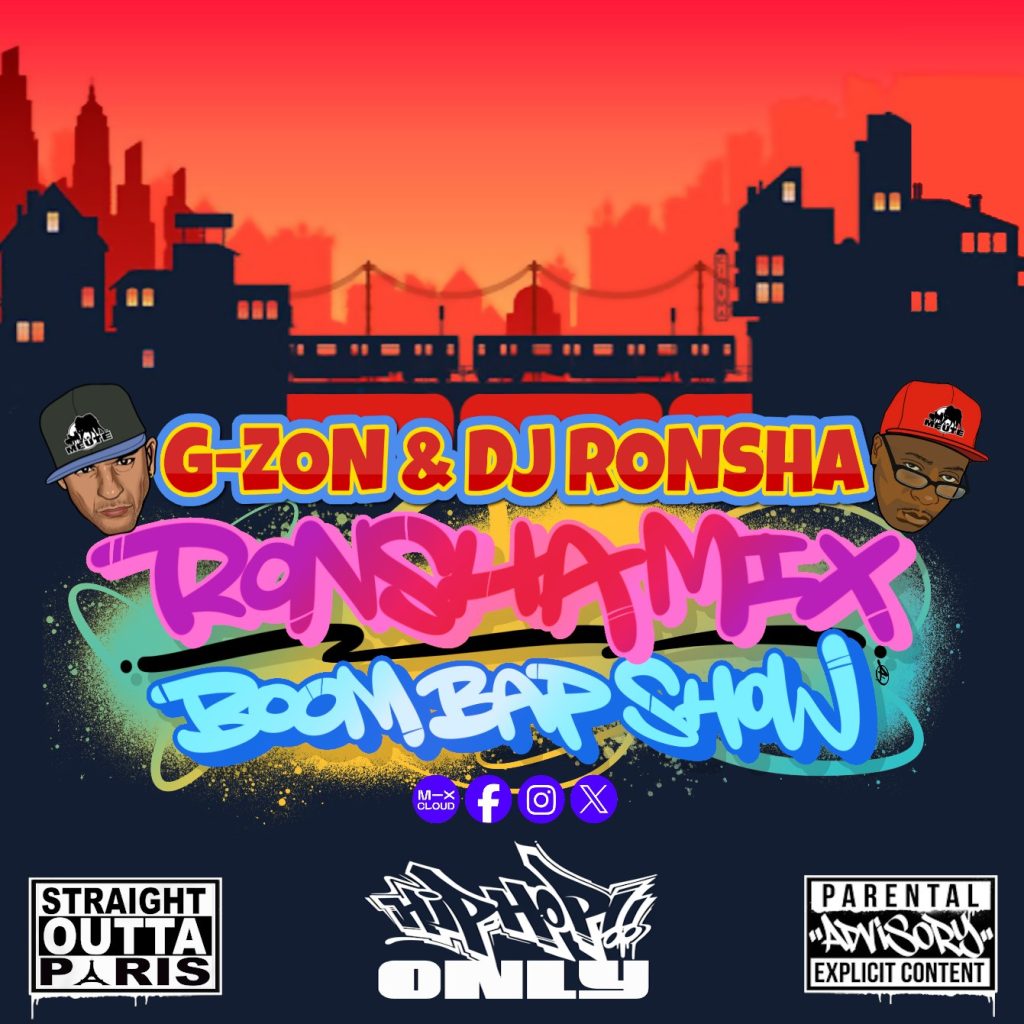 French DJs and producers G-Zon and Ronsha in a cartoon depiction in Paris with graffiti in front of them and a parental advisory and straight out of Paris logos both wearing baseball caps, colour image.