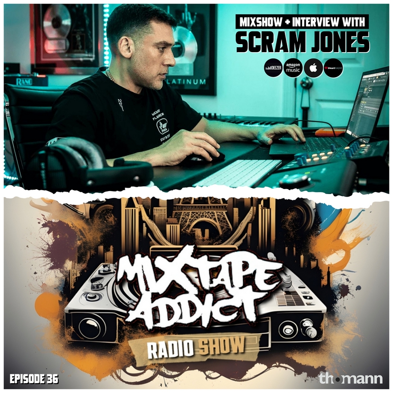 American hip-hop rapper, DJ, and producer Scram Jones in the upper part of the picture looking to his front at a laptop in the studio whilst producing with a torn paper effect, with DJ King Flows Mixtape Addict logo underneath, colour main cover imag
