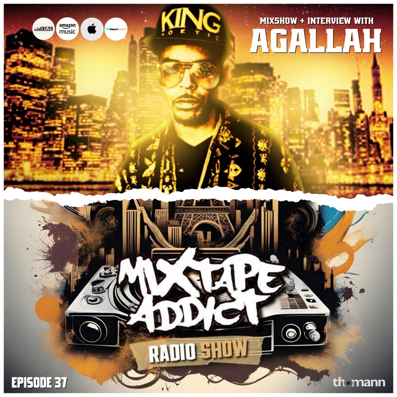 American hip-hop rapper and producer Agallah in the upper part of the picture looking at the camera wearing a baseball cap with New York city skyline in the background with a torn paper effect, with DJ King Flows Mixtape Addict logo underneath, colou