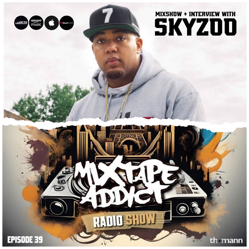 American hip-hop rapper and Skyzoo in the upper part of the picture looking at the camera wearing a hoodie and baseball cap with a torn paper effect between him and the lower part of the picture with DJ King Flows Mixtape Addict and sponsor logos, co