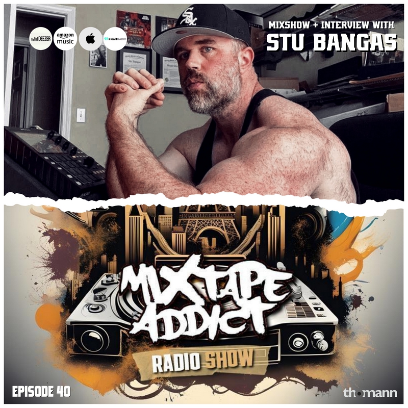 American hip-hop producer Stu Bangas in the upper part of the picture looking at the camera over his left shoulder wearing a vest and baseball cap with a torn paper effect between him and the lower part of the picture with DJ King Flows Mixtape Addic