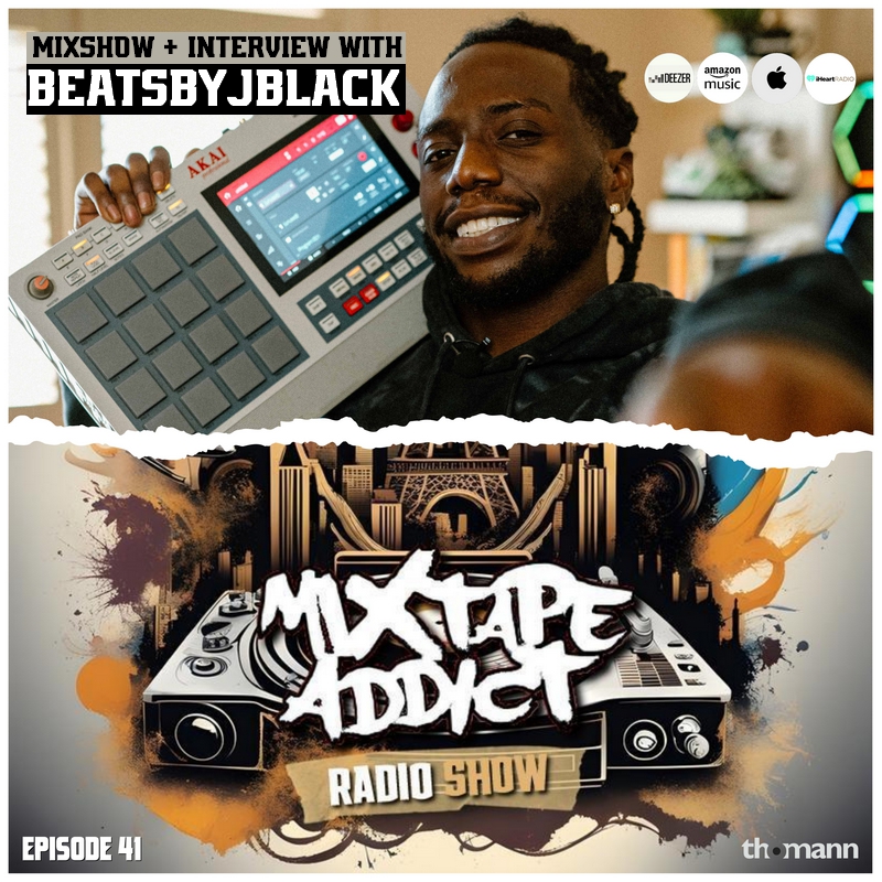 American hip-hop producer BeatsByJBlack in the upper part of the picture looking at the camera over his left shoulder holding an Akai MPC drum machine in his right hand on his right shoulder with a torn paper effect between him and the lower part of
