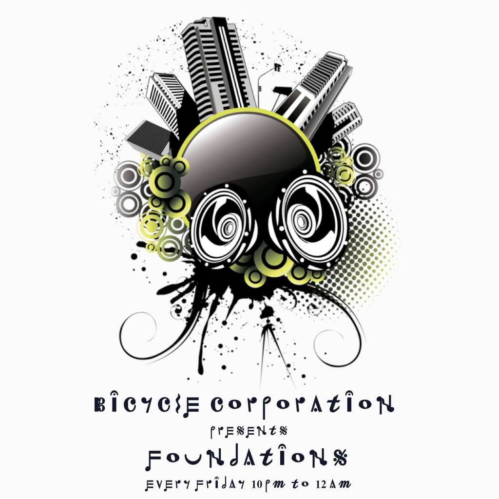 Bicycle Corporation Foundations logo featuring a city built on speakers in black and white with a green tinge between city and speakers